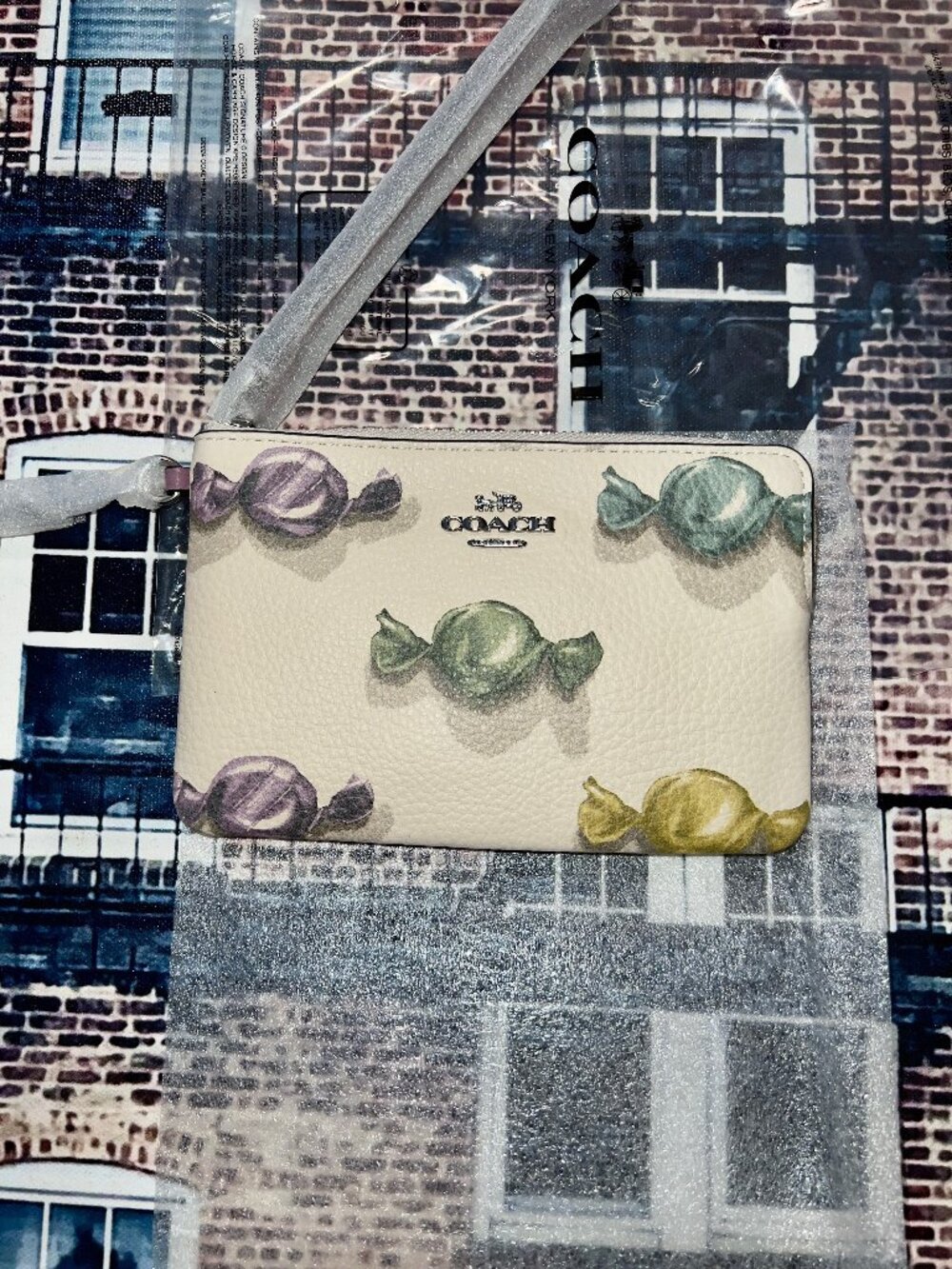NWT Coach Corner Zip Wristlet with Candy Print and Charm
